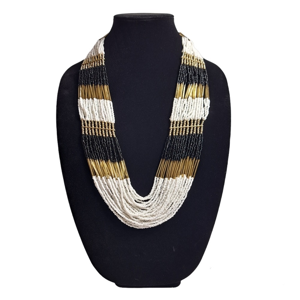 African Handmade Beaded Necklace White, Gold, Black 15.5 Inches + 3.5 Ext